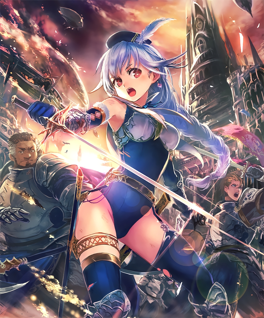 1girl 2boys airship amelia_silver_paladin armor armored_boots artist_request banner belt blue_hair boots braid burning church dragon earrings elbow_gloves embers feather_beret full_armor gelt_vice_captain gloves hat jewelry leotard long_hair multiple_boys official_art open_mouth polearm rapier red_eyes scabbard shadowverse sheath sword thigh-highs weapon
