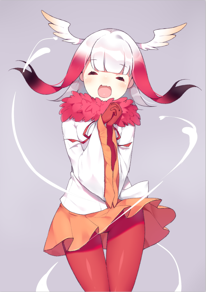 1girl :d ^_^ bangs blunt_bangs blush closed_eyes cowboy_shot crested_ibis_(kemono_friends) eyebrows_visible_through_hair facing_viewer frilled_sleeves frills gloves grey_background head_wings kemono_friends long_sleeves multicolored_hair open_mouth orange_skirt own_hands_together pantyhose red_gloves red_legwear redhead sela short_hair_with_long_locks sidelocks silver_hair simple_background skirt skirt_lift smile solo thighs wide_sleeves wind wind_lift