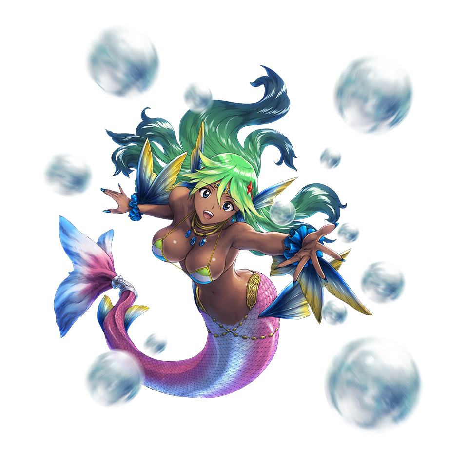 1girl bikini_top blue_eyes breasts bubble circlet dark_skin fins floating_hair full_body gradient_hair green_hair head_fins large_breasts long_hair looking_at_viewer mermaid monster_girl motion_blur multicolored_hair nail_polish navel official_art outstretched_arm outstretched_hand scrunchie simple_background sirenetta_(wonderland_wars) solo starfish_hair_ornament white_background wonderland_wars wrist_scrunchie