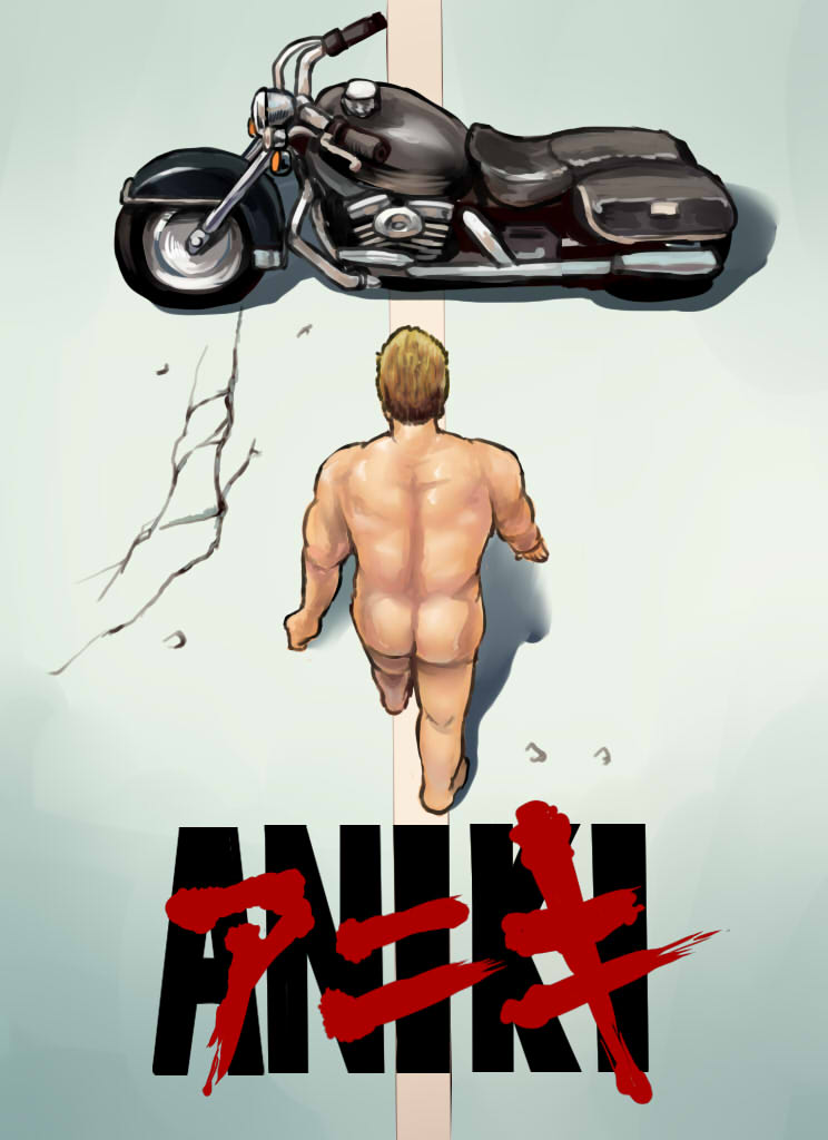 1boy akira ass billy_herrington blonde_hair chanta_(ayatakaoisii) crack from_above from_behind gachimuchi ground_vehicle motor_vehicle motorcycle nude road solo title_parody walking wheel