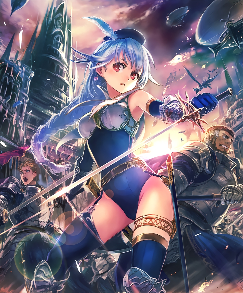 1girl 2boys airship amelia_silver_paladin armor armored_boots artist_request belt blue_hair boots braid church clenched_teeth dragon earrings elbow_gloves feather_beret full_armor gelt_vice_captain gloves hat jewelry leotard long_hair multiple_boys official_art rapier red_eyes scabbard shadowverse sheath sword teeth thigh-highs weapon