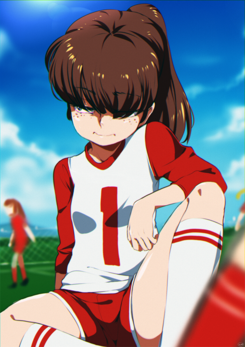 2girls arm_rest blue_eyes blue_sky blurry brown_hair clouds depth_of_field freckles highres jcm2 looking_to_the_side lynn_loud multiple_girls ponytail short_shorts shorts sitting sky smile soccer_uniform socks solo_focus sportswear the_loud_house