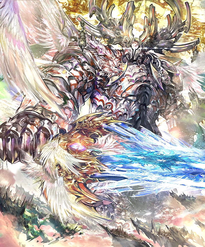 angel angel_wings armor artist_request city crystal crystal_sword fighting_stance floating_island giant heavenly_aegis multiple_wings no_humans official_art seraph shadowverse sword weapon wings