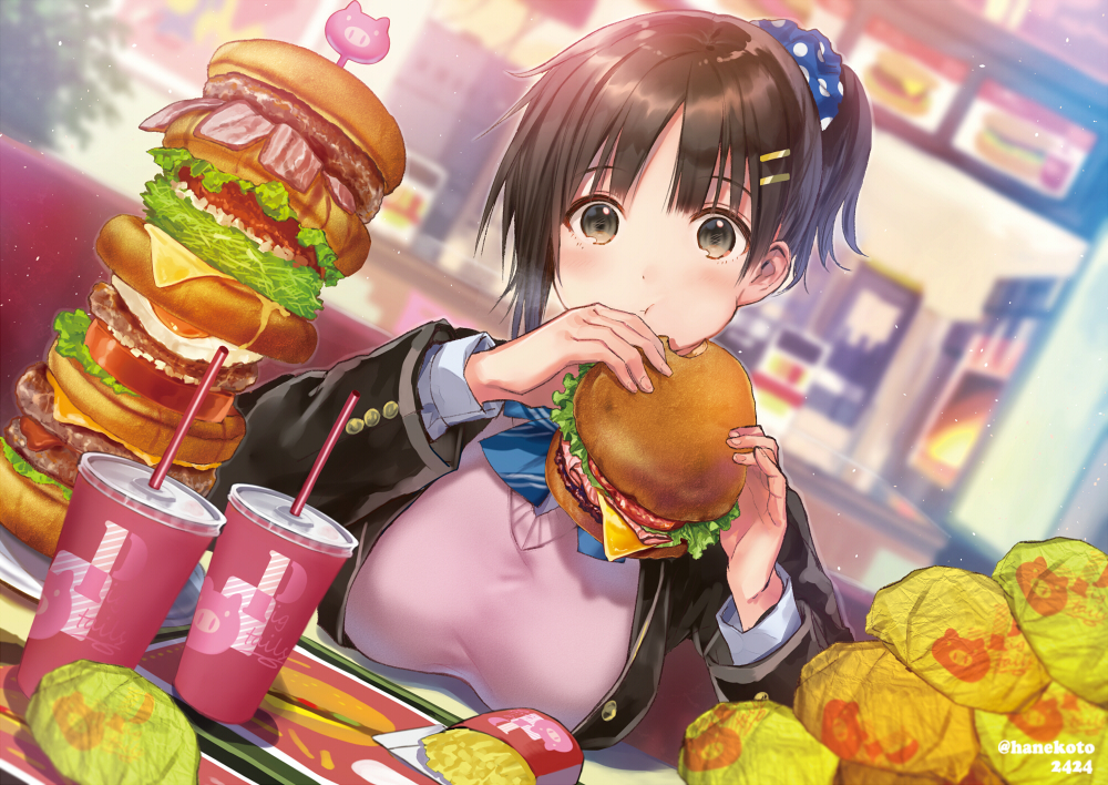 1girl :t bacon bangs black_hair black_jacket blazer blurry blurry_background blush breast_rest breasts brown_eyes cheese cup drink drinking_straw dutch_angle eating fast_food food french_fries fried_egg hair_ornament hair_scrunchie hairclip hamburger hanekoto holding holding_food indoors jacket large_breasts long_hair long_sleeves looking_at_viewer open_clothes open_jacket original polka_dot ponytail pov_across_table restaurant school_uniform scrunchie short_hair short_ponytail sitting solo sweater taut_clothes too_many tray twitter_username