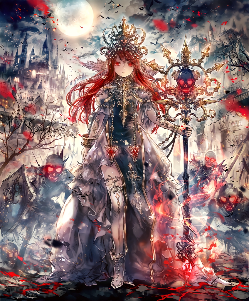 1girl anklet armor army artist_request bat boots bracelet city clock clock_tower collar cracked_floor crown dress frills glowing glowing_eyes gold_trim horns house jewelry lamppost moon necropolis_queen night official_art puffy_sleeves red_eyes redhead shadowverse shield skeleton skull staff swarm sword thigh-highs thigh_boots tower tree weapon