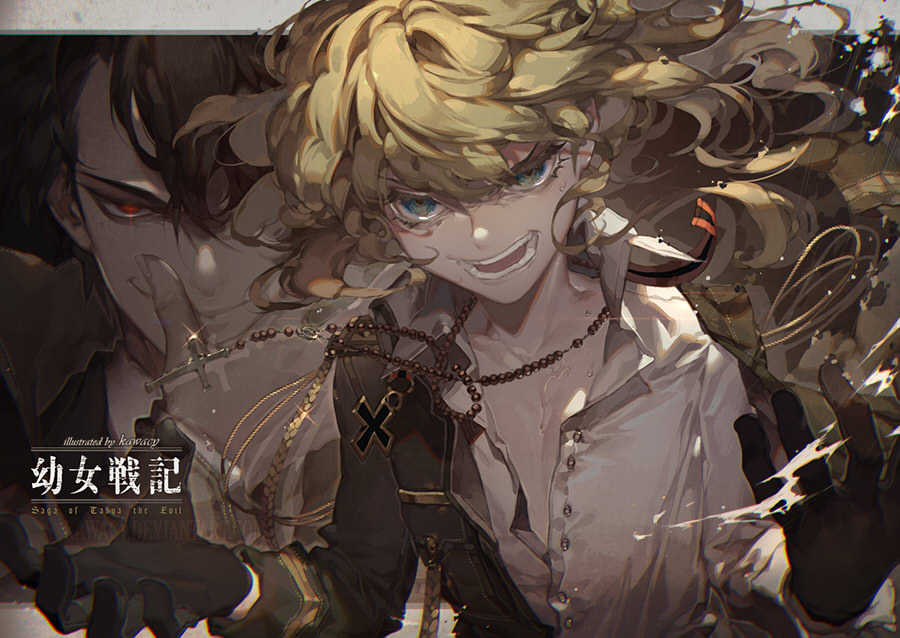 1boy 1girl blonde_hair blue_eyes commentary_request copyright_name dual_persona gloves hair_between_eyes iron_cross kawacy long_sleeves looking_at_viewer military military_uniform open_mouth tanya_degurechaff uniform youjo_senki
