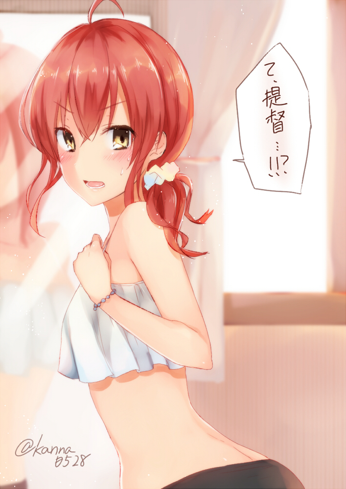 1girl ahoge alternate_hairstyle arashi_(kantai_collection) arched_back bare_shoulders blush camisole crop_top crop_top_overhang curtains from_side hair_ornament hair_scrunchie hands_on_own_chest indoors kantai_collection midriff mirror open_mouth ponytail reflection sakiryo_kanna scrunchie solo teeth translated twitter_username window yellow_eyes