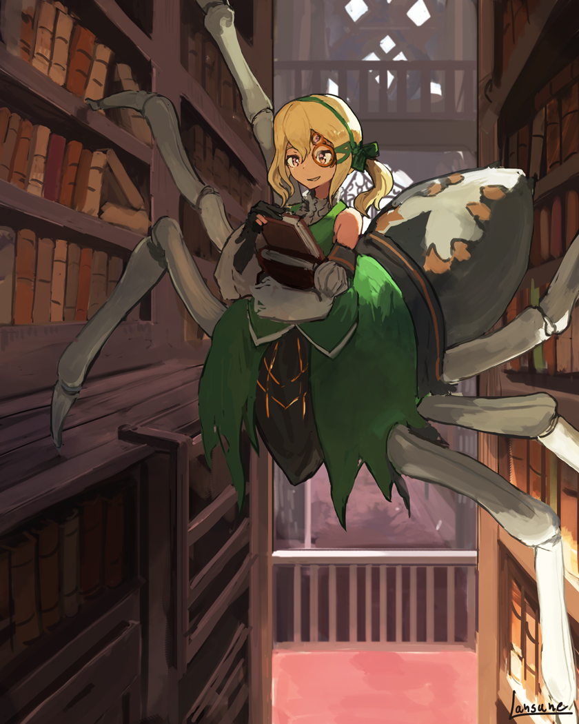 1girl arachne artist_name blonde_hair book bookshelf bow climbing commentary_request detached_sleeves extra_eyes green_vest hair_between_eyes hair_bow holding holding_book insect_girl lansane library long_sleeves monocle monster_girl multiple_legs open_mouth original smile solo spider_girl spider_legs vest yellow_eyes