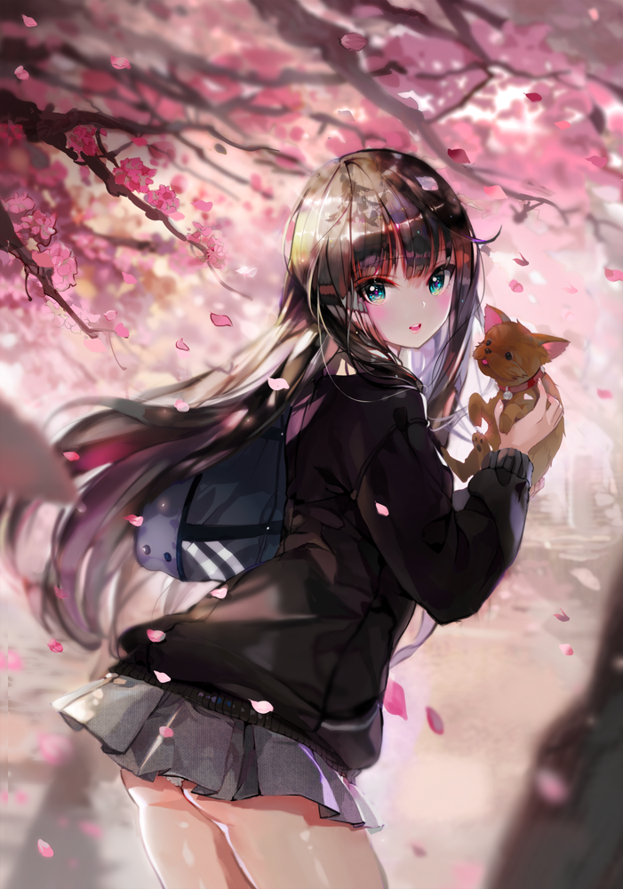 1girl ass bag brown_hair cardigan cherry_blossoms dahl-lange dog from_side green_eyes hanako_(idolmaster) idolmaster idolmaster_cinderella_girls long_hair open_mouth petals revision school_uniform shibuya_rin skirt skirt_lift smile solo wind wind_lift