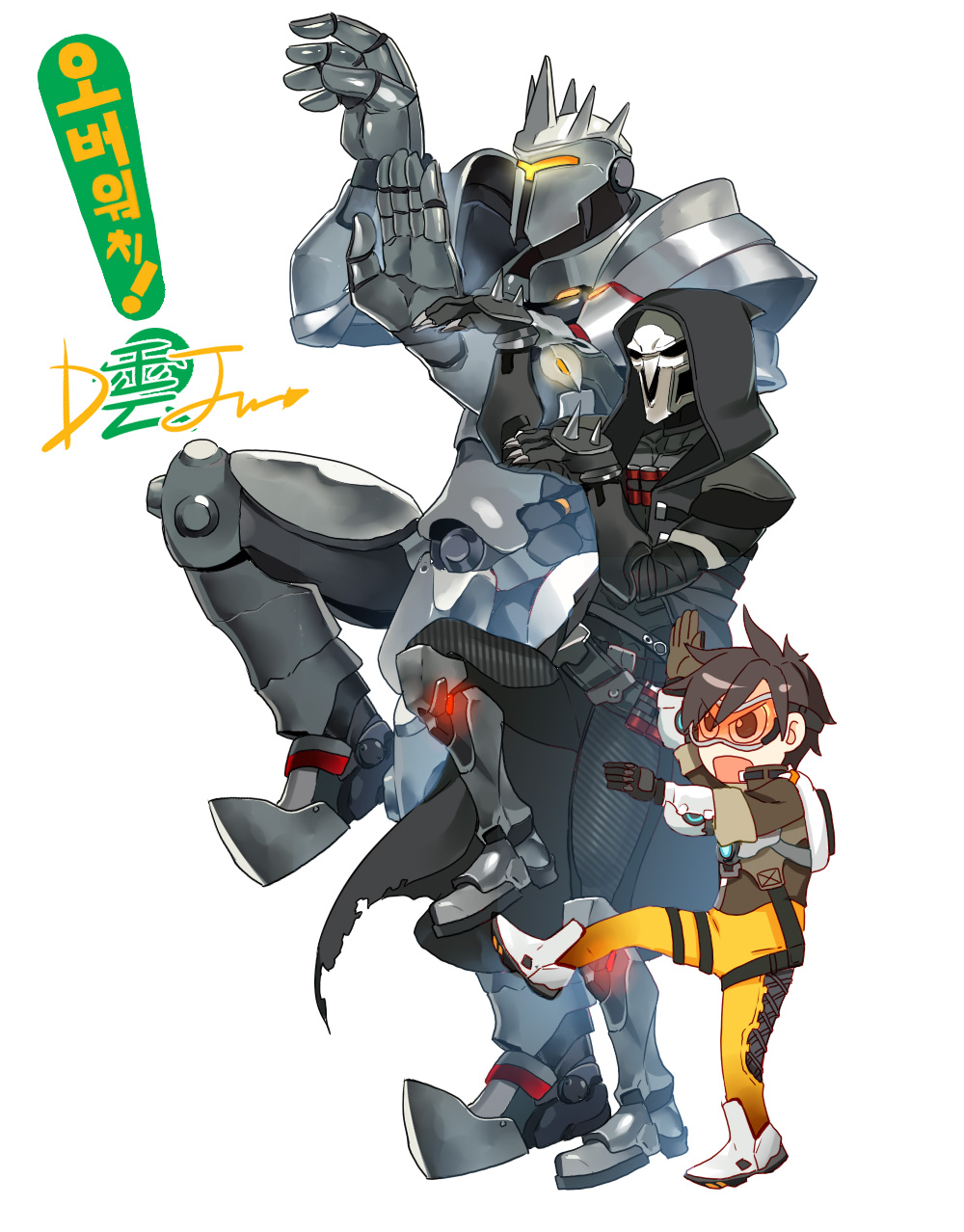 1girl 2boys armor brown_hair cloak dj_kumo gloves goggles height_difference highres mask multiple_boys overwatch parody reaper_(overwatch) reinhardt_(overwatch) short_hair standing standing_on_one_leg torn_clothes tracer_(overwatch) yotsubato! yotsubato!_pose