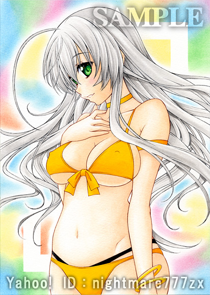 1girl acrylic_paint_(medium) ahoge bikini bracelet choker cowboy_shot front-tie_top green_eyes haiyore!_nyaruko-san huge_ahoge jewelry layered_bikini long_hair nightmare77zx nyarlathotep_(nyaruko-san) sample silver_hair solo swimsuit traditional_media yellow_bikini yellow_choker