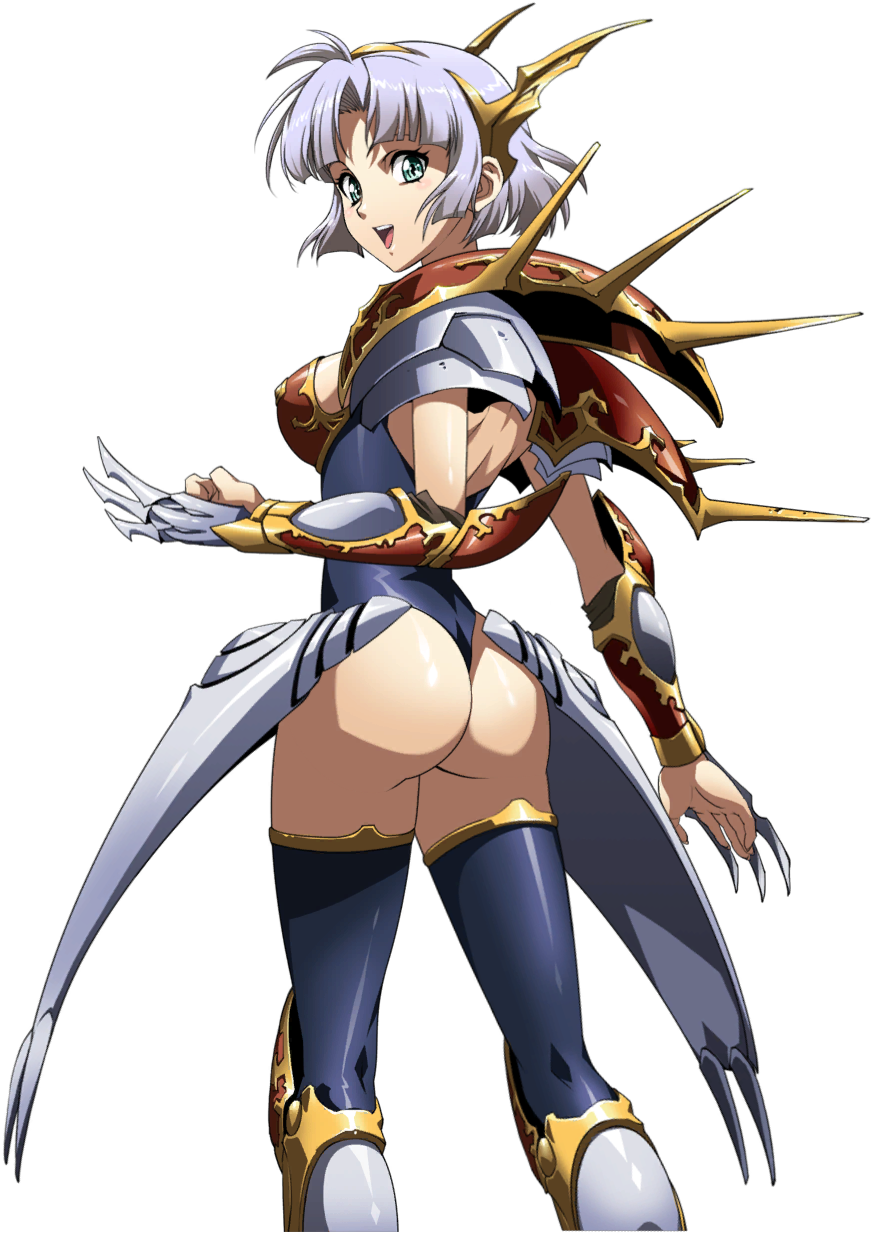 1girl :d armor ass black_legwear black_leotard blue_eyes breasts claw_(weapon) faulds from_behind full_body hairband highleg highleg_leotard highres langrisser langrisser_ii leotard looking_at_viewer looking_back medium_breasts official_art sherry_(langrisser) shiny shiny_clothes shiny_hair shiny_legwear short_hair shoulder_blades sideboob silver_hair smile solo standing thigh-highs transparent_background weapon yellow_hairband