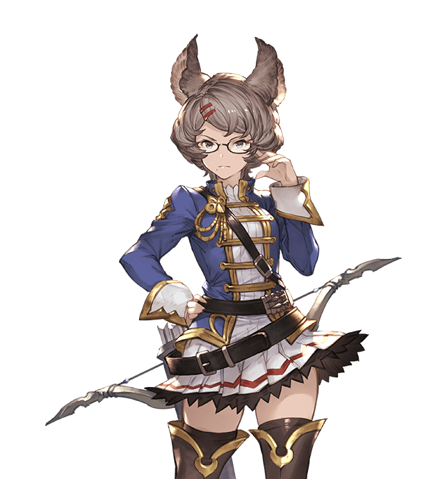 1girl adjusting_glasses animal_ears bag bangs belt bow_(weapon) breasts brown_hair detached_sleeves erun_(granblue_fantasy) glasses granblue_fantasy grey_eyes hair_ornament hairclip hand_on_hip jacket looking_at_viewer medium_breasts minaba_hideo mole mole_under_mouth official_art quiver school_uniform serious skirt solo sutera_(granblue_fantasy) thigh-highs transparent_background weapon zettai_ryouiki