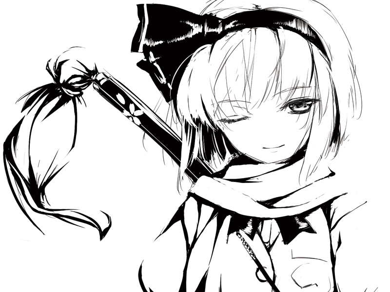 monochrome rokuwata_tomoe scarf sketch smile solo touhou wink