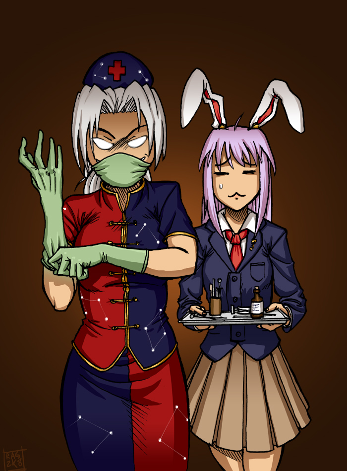 &gt;:) &gt;:d :3 :d =_= animal_ears bangs blazer bottle brown_background bunny_ears drugs evil_grin evil_smile gloves grin hat latex_gloves lavender_hair multiple_girls necktie nurse_cap o_o open_mouth parted_bangs pleated_skirt rabbit_ears ragathol reisen_udongein_inaba skirt skirt_set smile standing sweatdrop touhou tray white_hair yagokoro_eirin you_gonna_get_raped