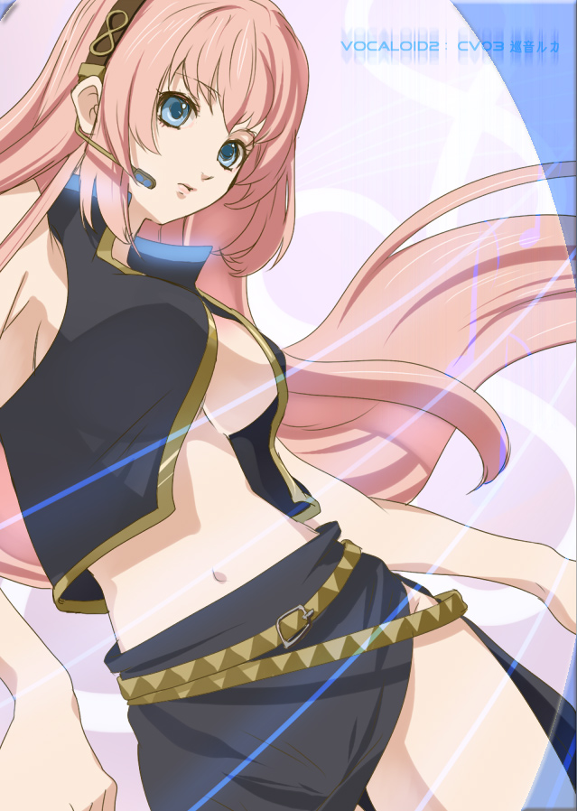 breasts headset kaisen long_hair megurine_luka midriff open_clothes open_shirt pink_hair shirt vocaloid