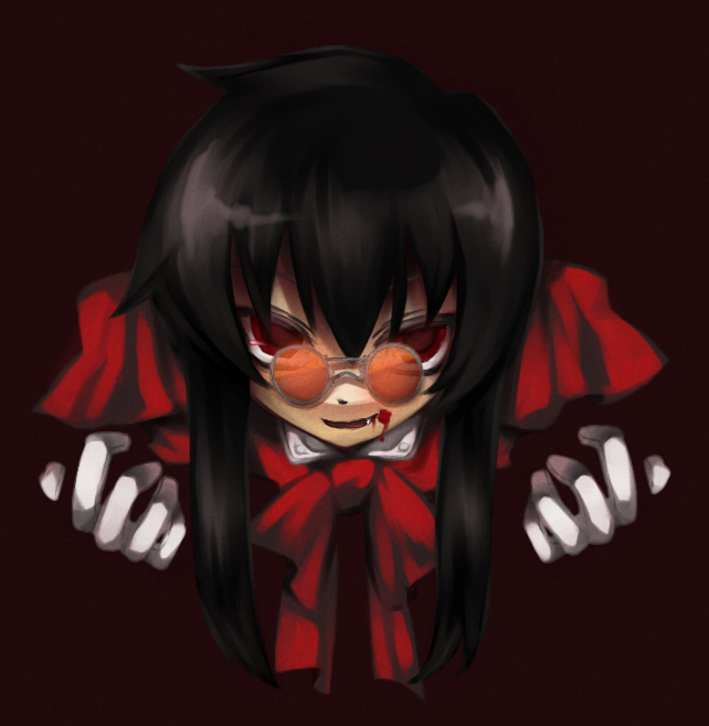 black_hair blood fang genderswap girlycard glasses gloves hat hellsing hellsing:_the_dawn kirishima_aono long_hair red_eyes solo sunglasses