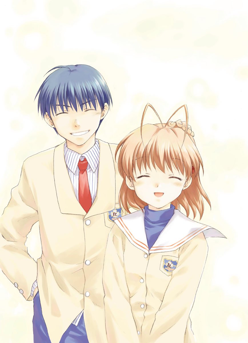 blue_hair brown_hair clannad closed_eyes furukawa_nagisa hand_on_head highres misaki_juri okazaki_tomoya petting school_uniform short_hair smile