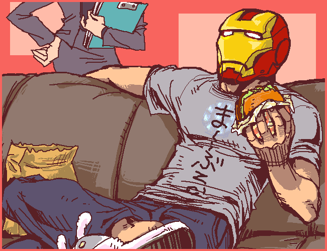 bunny_slippers clipboard couch crossover food formal hamburger hand_on_hip iron_man marvel mask mentos_(snatch) paper_bag parody pepper_potts suit t-shirt tentai_senshi_sunred usakotsu