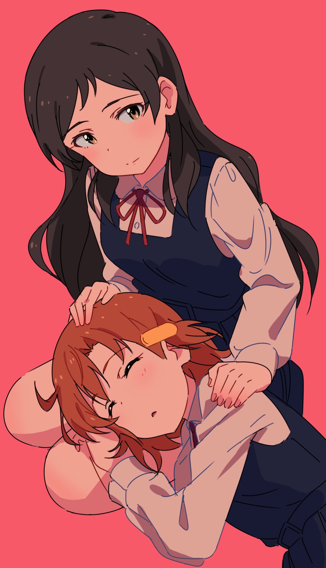 2girls bare_legs black_hair closed_eyes closed_mouth dress hand_on_another's_head hand_on_another's_shoulder highres idolmaster idolmaster_million_live! kitazawa_shiho lap_pillow long_hair looking_to_the_side multiple_girls open_mouth orange_hair red10 red_background school_uniform short_hair sleeping sleeping_on_person thighs yabuki_kana yellow_eyes