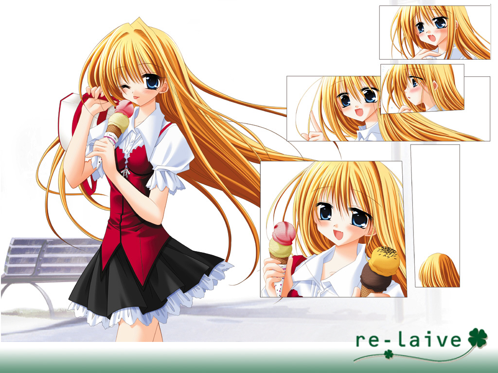 blonde_hair blue_eyes food ice_cream ice_cream_cone long_hair re-laive school_uniform wallpaper wink