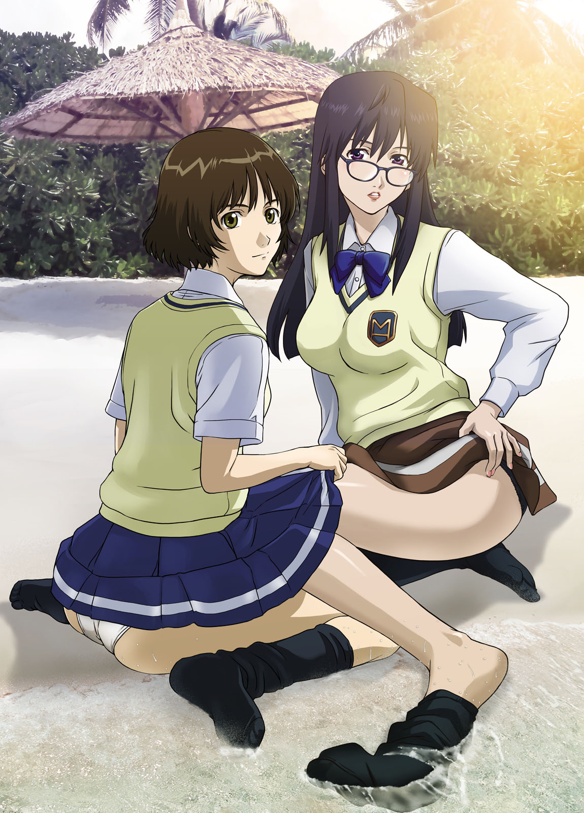 barefoot beach black_hair brown_eyes brown_hair feet glasses highres kaminagi_ryoko kaminagi_ryouko kneeling long_hair misaki_shizuno panties pantyshot purple_eyes sand school_uniform short_hair skirt skirt_lift sock_pull socks tooo underwear violet_eyes water zegapain