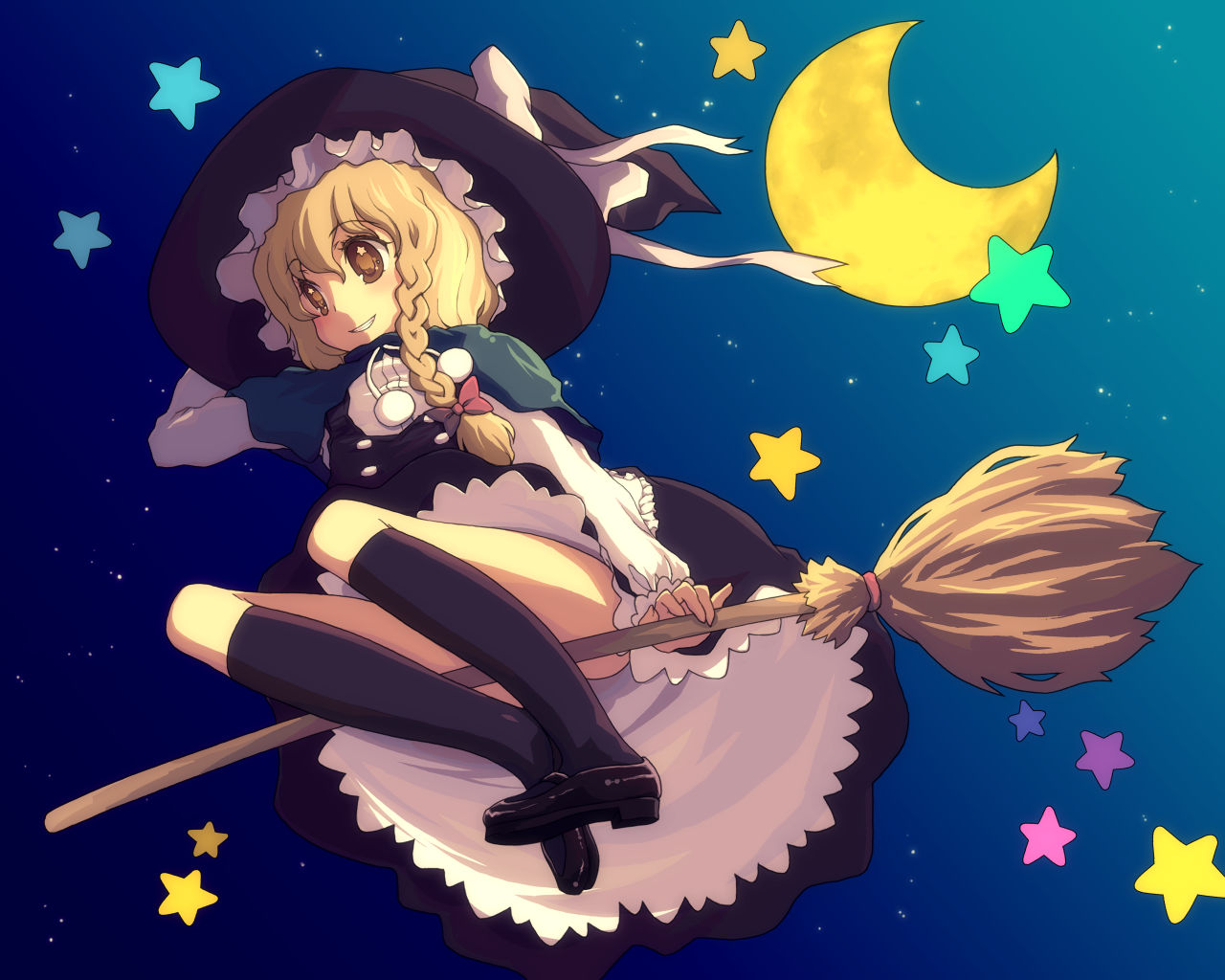 broom broom_riding brown_eyes brown_hair hat kimarin kirisame_marisa moon night sky socks star stars touhou witch_hat