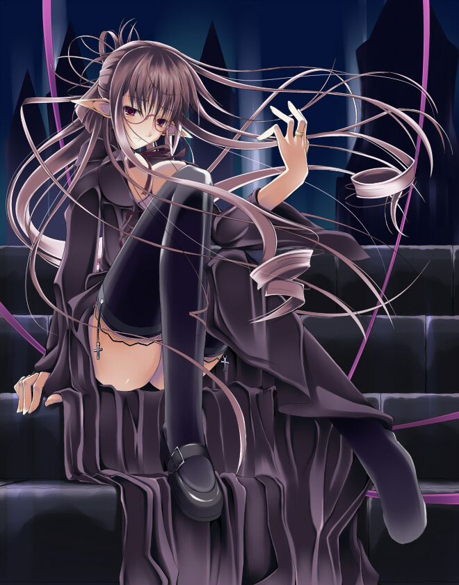 doa_(pixiv7798) doa_(wabisabi) glasses long_hair original pointy_ears red_eyes single_shoe sitting stairs thigh-highs thighhighs