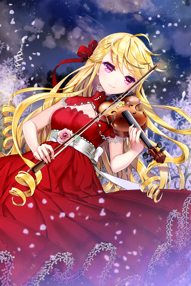 1girl ahoge bangs belt blonde_hair breasts cinia_pacifica cleavage cocoon_(loveririn) detached_collar dress drill_hair flower hair_ribbon instrument long_hair night outdoors petals pink_eyes pink_rose playing_instrument pleated_dress red_dress revision ribbon rose smile snow solo swept_bangs sword_girls very_long_hair violin