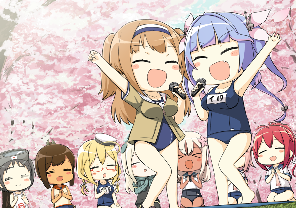 &gt;_&lt; 6+girls :d :o =_= arm_up bare_legs bare_shoulders black_hair blonde_hair blue_hair blush breasts cherry_blossoms clapping closed_eyes engiyoshi fang flower glasses goggles goggles_on_head hair_flower hair_ornament hairband high_ponytail i-168_(kantai_collection) i-19_(kantai_collection) i-26_(kantai_collection) i-401_(kantai_collection) i-58_(kantai_collection) i-8_(kantai_collection) jacket jacket_over_swimsuit kantai_collection light_brown_hair long_hair maru-yu_(kantai_collection) military military_uniform multiple_girls music neckerchief open_mouth pink_hair ro-500_(kantai_collection) sailor_collar school_swimsuit school_uniform seiza serafuku short_hair singing sitting smile swimsuit swimsuit_under_clothes tan tri_tails twintails u-511_(kantai_collection) uniform white_school_swimsuit white_swimsuit