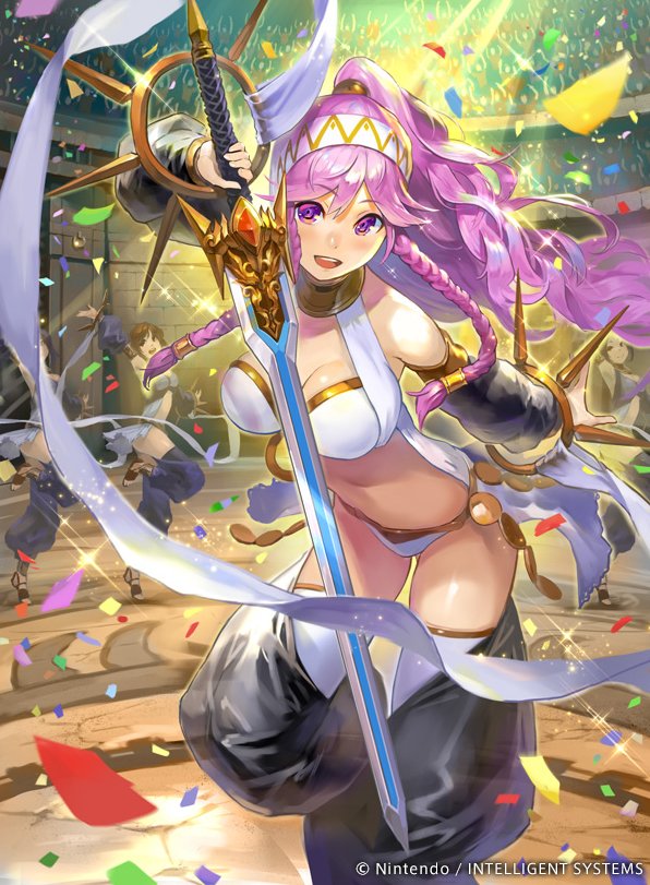 1girl armlet bare_shoulders blush bracelet braid breasts cleavage company_name confetti copyright_name dancer dancing detached_sleeves fire_emblem fire_emblem:_kakusei fire_emblem_cipher glint hairband harem_pants high_ponytail hmk84 holding holding_sword holding_weapon jewelry large_breasts long_hair midriff official_art olivia_(fire_emblem) pants pink_hair solo sword thigh-highs twin_braids weapon white_legwear