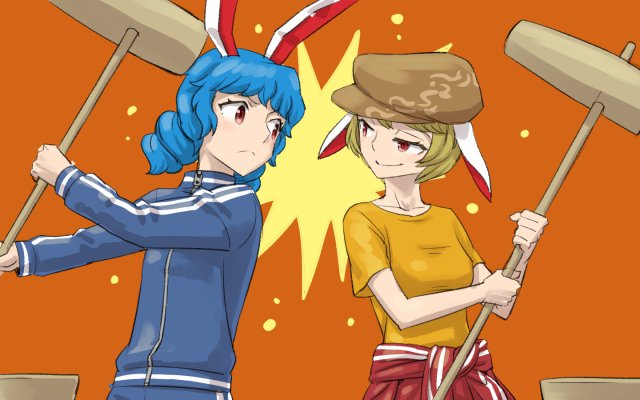 2girls animal_ears blonde_hair blue_hair blue_jacket blue_pants brown_hat clothes_around_waist eye_contact flat_cap hat jacket jacket_around_waist kine long_sleeves looking_at_another meitei mortar multiple_girls orange_background orange_shirt pants rabbit_ears red_eyes red_jacket red_pants ringo_(touhou) rivalry seiran_(touhou) shirt short_hair short_sleeves smile touhou track_jacket track_suit upper_body zipper_pull_tab