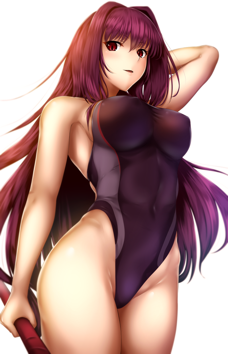 .ronde 1girl arm_up breasts competition_swimsuit covered_navel erect_nipples fate/grand_order fate_(series) gae_bolg highleg highleg_swimsuit highres holding holding_weapon large_breasts long_hair looking_at_viewer looking_back one-piece_swimsuit polearm purple_hair red_eyes scathach_(fate/grand_order) simple_background solo spear swimsuit taut_clothes weapon white_background