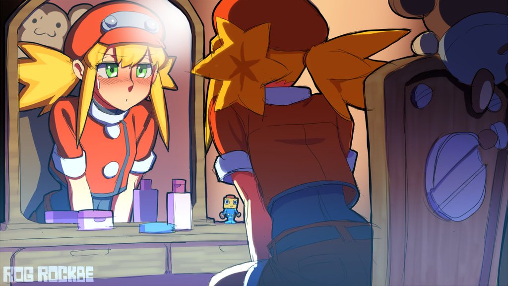 1girl blonde_hair blush bodysuit covered_navel data_(rockman_dash) figure green_eyes hat kobun long_hair reflection rockman rockman_dash rog_rockbe roll_caskett twintails