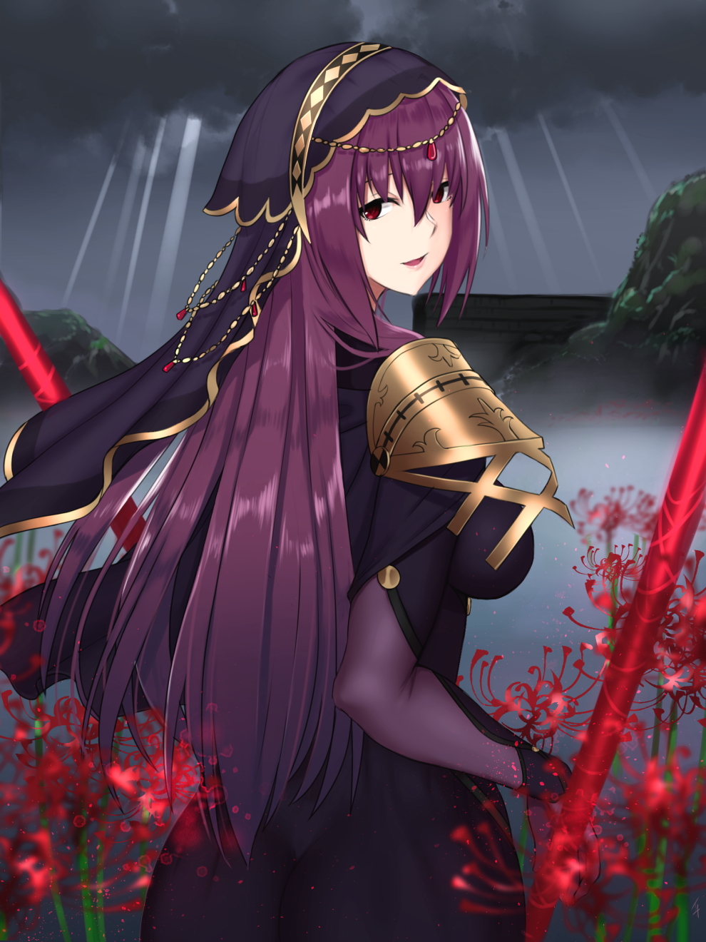 1girl bangs bodysuit breasts clouds cloudy_sky cowboy_shot flower from_behind gae_bolg hair_between_eyes highres holding holding_weapon large_breasts light_rays long_hair looking_at_viewer looking_back parted_lips pauldrons polearm purple_bodysuit purple_hair red_eyes scathach_(fate/grand_order) scathach_(swimsuit_assassin)_(fate) sky smile solo spear spider_lily sunbeam sunlight taka_(vert_320) veil weapon