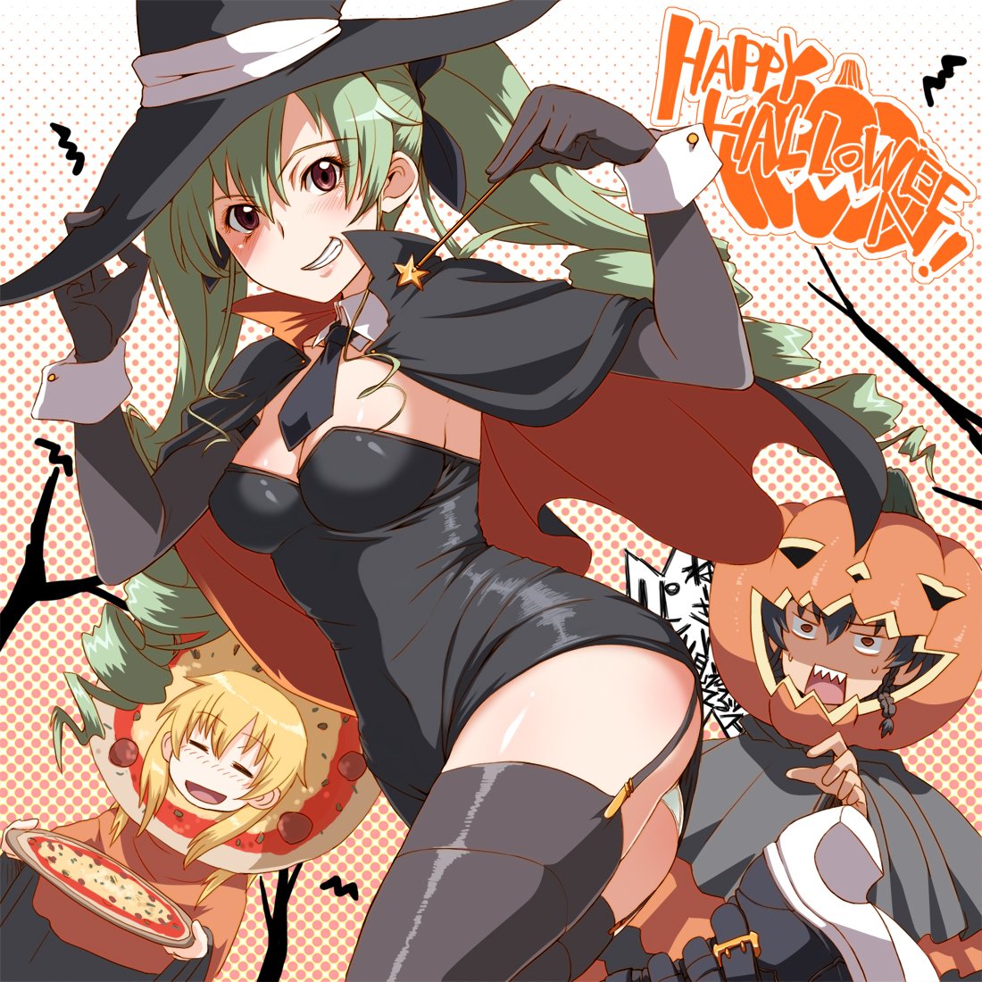 3girls alternate_costume anchovy black_boots black_gloves black_hair black_legwear black_necktie black_ribbon blonde_hair boots braid breasts brown_eyes capelet carpaccio cleavage closed_mouth commentary detached_collar dress drill_hair elbow_gloves english food garter_straps girls_und_panzer gloves green_hair grin hair_ribbon halloween_costume hand_on_headwear happy_halloween hat holding holding_food jack-o'-lantern long_hair looking_at_another looking_at_viewer medium_breasts microdress multiple_girls necktie open_mouth panties pantyshot pepperoni_(girls_und_panzer) pizza polka_dot polka_dot_background red_eyes ribbon sharp_teeth short_hair side_braid smile standing strapless strapless_dress tabigarasu teeth thigh-highs twin_drills twintails underwear wand white_panties witch witch_hat wrist_cuffs