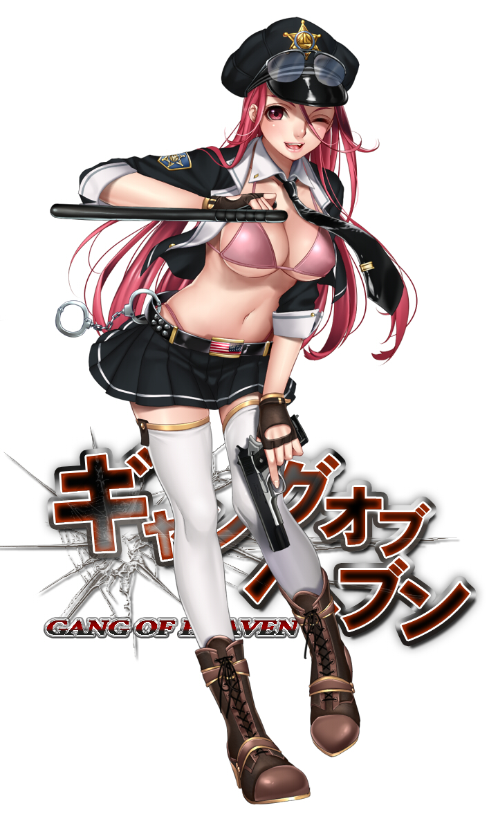 1girl bangs belt bikini bikini_under_clothes blush boots breasts cleavage cuffs fingerless_gloves full_body gang_of_heaven glasses gloves gun handcuffs handgun hat highres holding holding_weapon jacket large_breasts logo long_hair looking_at_viewer m1911 masami_chie midriff miniskirt navel necktie one_eye_closed open_clothes open_jacket open_mouth original pink_hair pistol pleated_skirt red_eyes simple_background skindentation skirt solo swimsuit thigh-highs tonfa trigger_discipline weapon white_background white_legwear zettai_ryouiki