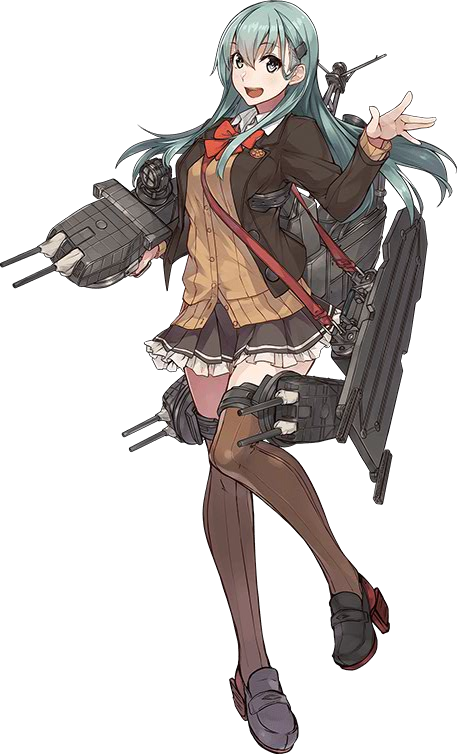 1girl cardigan full_body kantai_collection konishi_(koconatu) official_art open_mouth remodel_(kantai_collection) school_uniform suzuya_(kantai_collection) thigh-highs transparent_background turret