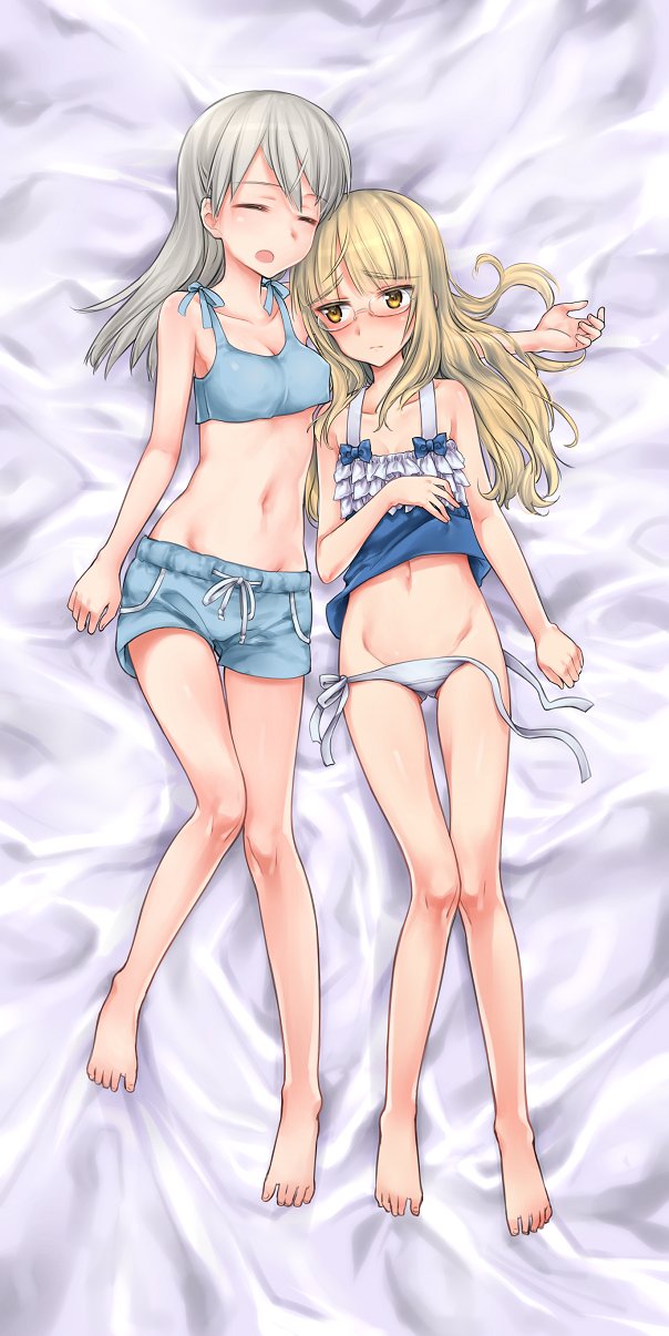 2girls amefre bangs barefoot blush breasts cleavage closed_eyes closed_mouth commentary_request crop_top eila_ilmatar_juutilainen female from_above glasses gluteal_fold heart highres light_brown_eyes light_brown_hair long_hair lying midriff multiple_girls navel on_back open_mouth panties perrine_h_clostermann shorts side-tie_panties silver_hair sleeping strike_witches tank_top underwear underwear_only white_panties world_witches_series yuri