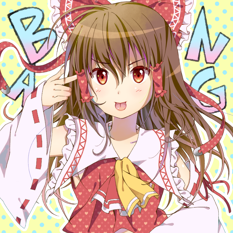 1girl ascot bangs bow brown_hair detached_sleeves eyebrows_visible_through_hair finger_gun finger_gun_to_head hair_bow hair_tubes hakurei_reimu long_hair long_sleeves motiking polka_dot polka_dot_background red_eyes ribbon-trimmed_sleeves ribbon_trim solo text tongue tongue_out touhou wide_sleeves yellow_background