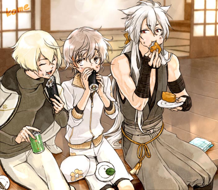 3boys ^_^ aburaage blonde_hair bow closed_eyes eating ehoumaki food food_on_face hair_bow hat hat_removed headwear_removed higekiri_(touken_ranbu) jacket jacket_on_shoulders japanese_clothes kogitsunemaru makizushi male_focus monoyoshi_sadamune multiple_boys open_mouth red_eyes shorts smile sunomata sushi touken_ranbu track_jacket turtleneck white_hair yellow_eyes