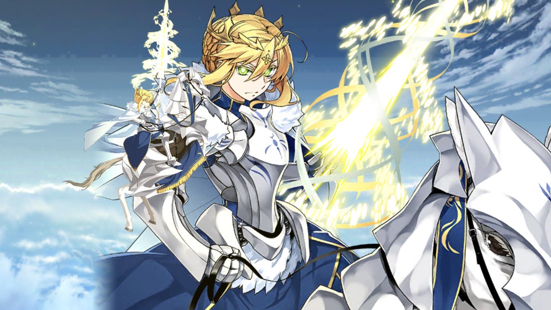 1girl ahoge armor armored_dress artoria_pendragon_lancer_(fate/grand_order) blonde_hair blue_dress breastplate cape chibi_inset cross crown dress fate/grand_order fate_(series) fur_trim gauntlets glowing glowing_weapon green_eyes horse ishida_akira looking_at_viewer reins riding saber serious short_hair_with_long_locks solo weapon