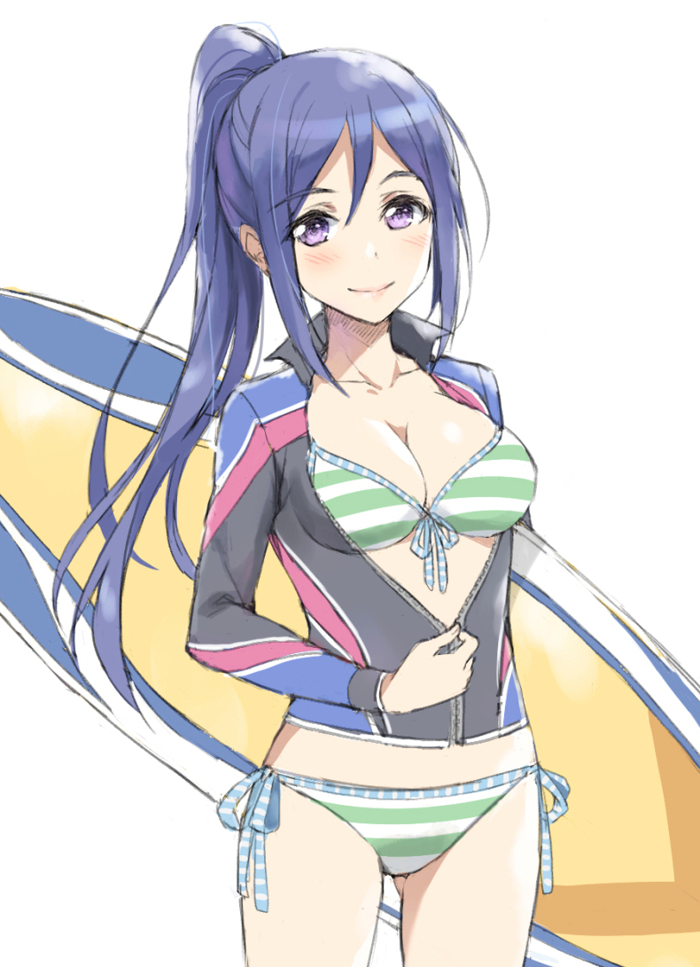 1girl bikini blue_ribbon breasts cleavage closed_mouth collarbone commentary cowboy_shot eyebrows_visible_through_hair front-tie_bikini front-tie_top gluteal_fold lips long_hair long_sleeves looking_at_viewer love_live! love_live!_sunshine!! matsuura_kanan medium_breasts pink_lips ponytail purple_hair ribbon shiny shiny_skin side-tie_bikini simple_background skin_tight smile solo standing surfboard swimsuit tareme tonee undressing unzipping violet_eyes white_background zipper