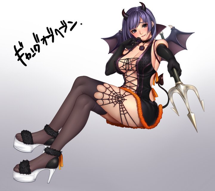 1girl bangs bare_shoulders black_dress black_eyes black_gloves black_legwear blush breasts choker cleavage collarbone demon_girl demon_horns demon_tail demon_wings dress elbow_gloves fang foreshortening full_body gang_of_heaven gloves high_heels holding holding_weapon horns lace large_breasts legs_crossed looking_at_viewer masami_chie official_art parted_lips pointing pointing_at_viewer polearm purple_hair short_dress short_hair smile solo tail thigh-highs trident weapon wings