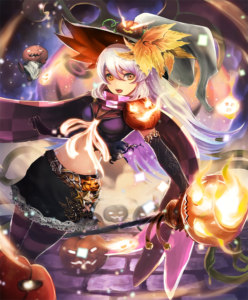 1girl :d artist_request elbow_gloves frilled_skirt frills ghost gloves hair_ornament hat leaf_hair_ornament long_hair midriff navel necromancer official_art open_mouth playful_necromancer pumpkin ribbon scarf shadowverse skirt smile staff striped striped_legwear white_hair witch_hat yellow_eyes