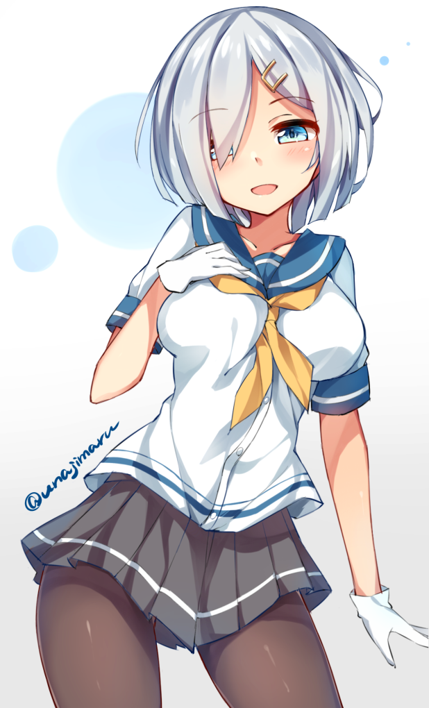 1girl blue_eyes blush breasts brown_legwear buttons collarbone eyes_visible_through_hair gloves hair_ornament hair_over_one_eye hairclip hamakaze_(kantai_collection) hand_on_own_chest kantai_collection large_breasts looking_at_viewer neckerchief open_mouth pantyhose pleated_skirt revision school_uniform serafuku short_hair short_sleeves silver_hair skirt smile solo twitter_username unacchi_(nyusankin) white_gloves