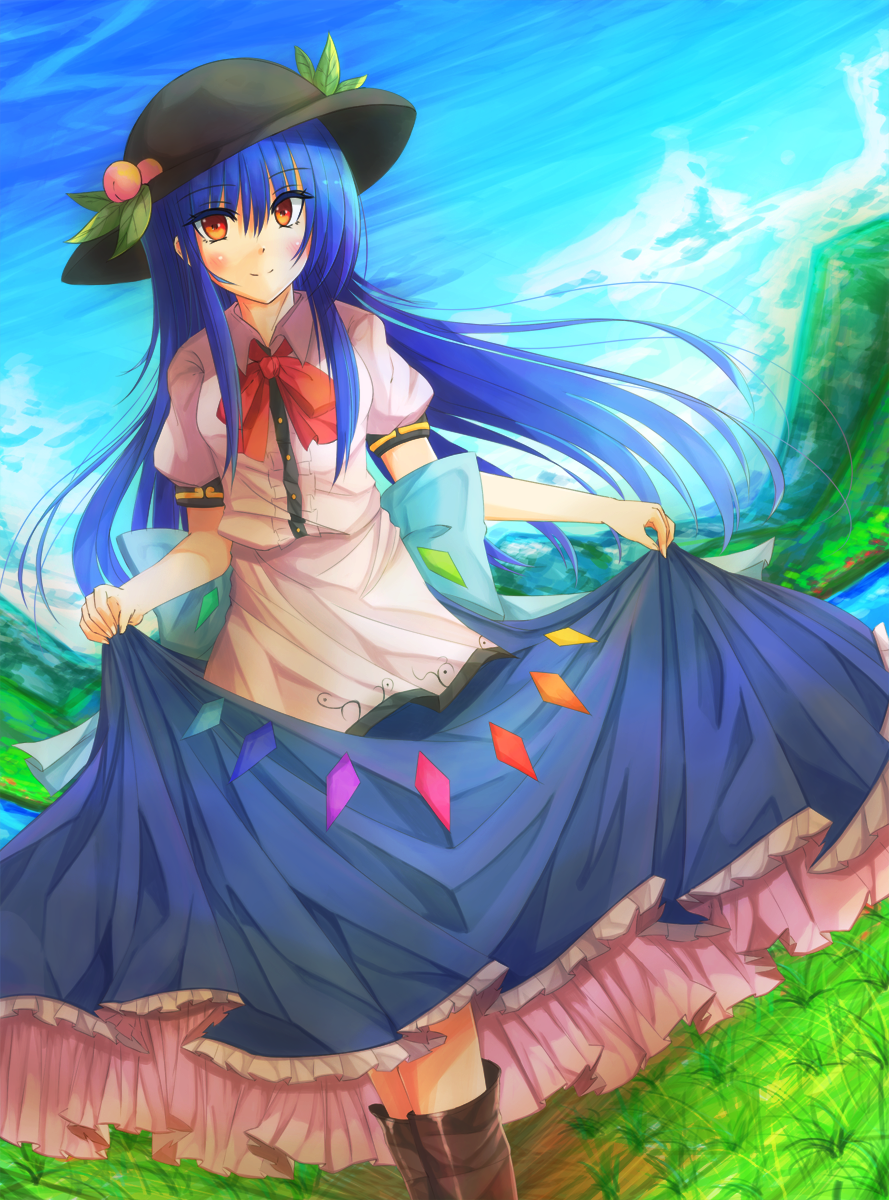 1girl blouse blue_skirt blush boots bow bowtie breasts collared_shirt curtsey day dress_shirt food frills fruit fuussu_(21-kazin) hat highres hinanawi_tenshi layered_skirt long_hair long_skirt looking_at_viewer medium_breasts outdoors peach petticoat puffy_short_sleeves puffy_sleeves red_eyes shirt short_sleeves skirt skirt_hold smile solo touhou very_long_hair white_blouse