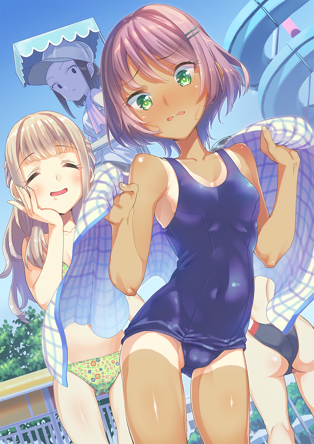 4girls ass bikini blonde_hair bouzu_(bonze) brown_hair closed_eyes competition_swimsuit cowboy_shot drooling dutch_angle embarrassed floral_print green_eyes hair_ornament hairclip highres lifeguard long_hair multiple_girls one-piece_swimsuit one-piece_tan original school_swimsuit short_hair swimsuit tan tanline tower water_slide