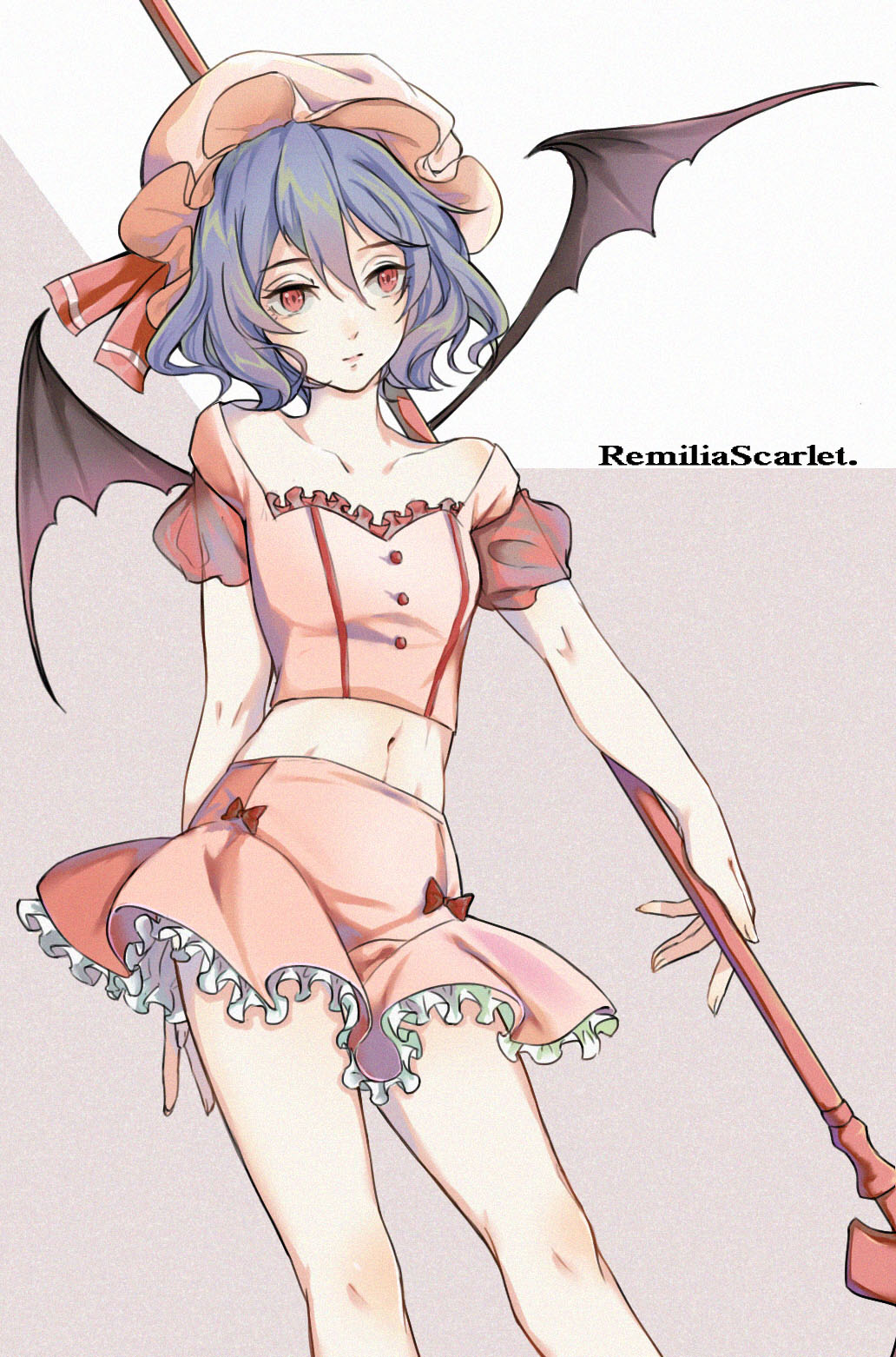1girl bat_wings bow breasts character_name collarbone evomi eyelashes frilled_skirt frills hat highres holding knees lace midriff navel pale_skin puffy_short_sleeves puffy_sleeves purple_hair red_eyes remilia_scarlet short_hair short_sleeves simple_background skirt small_breasts solo text touhou wings