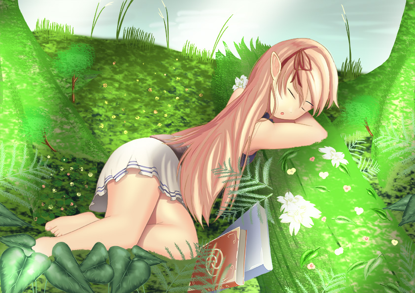 1girl arisa_(shadowverse) arm_pillow barefoot blonde_hair book closed_eyes elf feet flower long_hair lying moss nature on_side plant pointy_ears shadowverse skirt sleeping solo thighs tree water